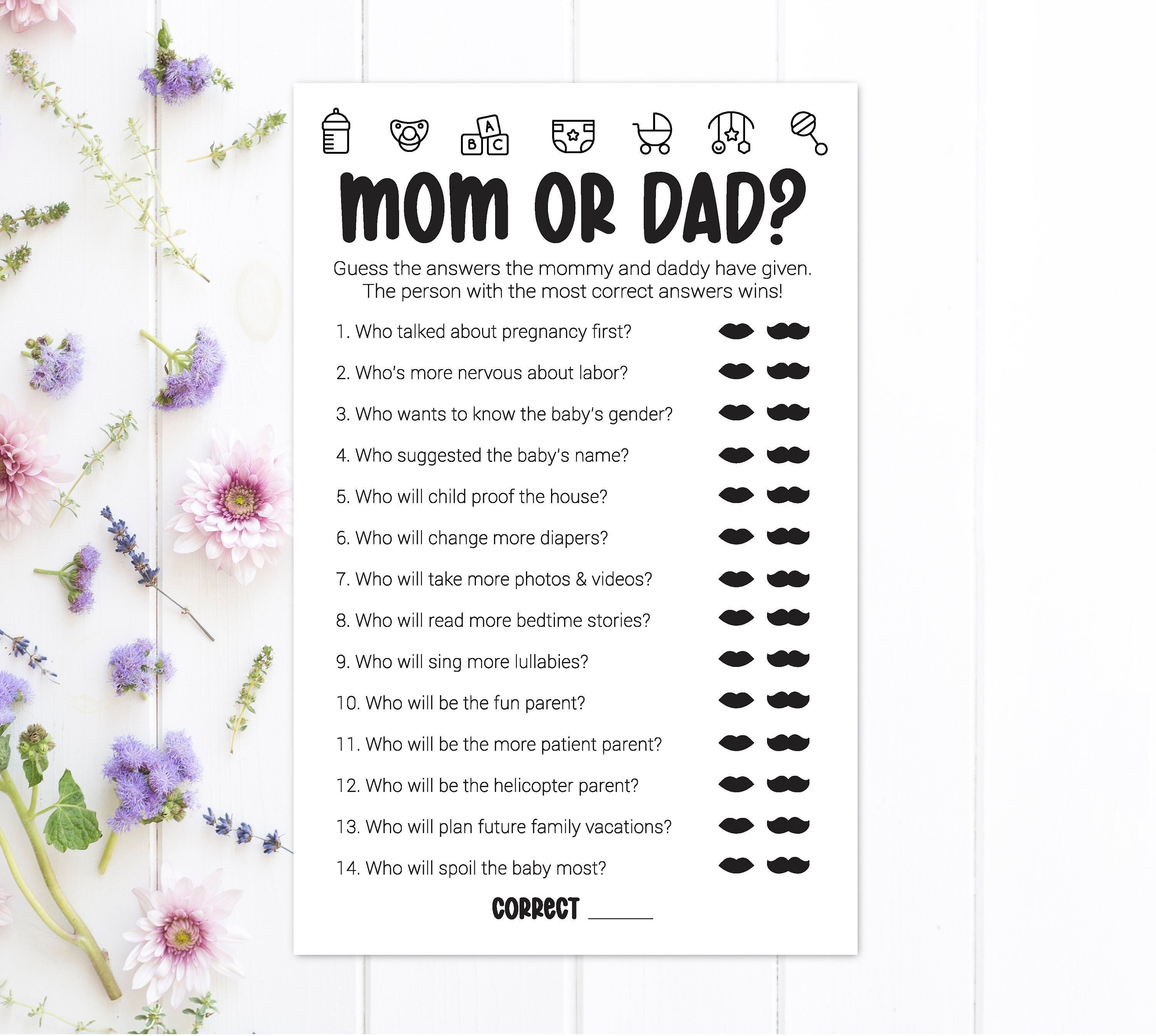 Mommy or Daddy Baby Shower Game Guess Either Mommy or Daddy Mom or Dad