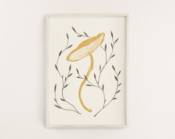 May include: A minimalist illustration of a yellow mushroom with a curved stem and delicate branches in a white frame.