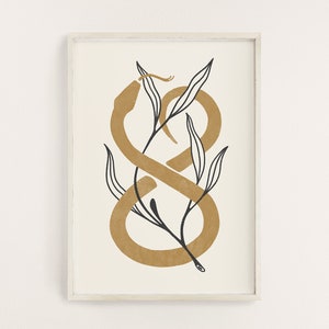 Peut inclure: Un serpent doré entrelacé avec des feuilles noires, formant un symbole d'infini. Le motif est sur un fond blanc et encadré dans un cadre blanc.