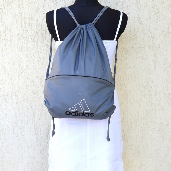 Vintage ADIDAS Drawstring Backpack Lightweight Plaid Bag with Canvas Rope Straps Hipster Nylon Bag Grey ADIDAS Lightweight sport Bag