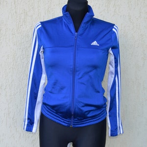 Vintage 90&#39;s Adidas Windbreaker Blue White 3 Stripes Light Weight Adidas Zip Up Jacket Sport Tracksuit Jacket Zipper Jumper Size 152