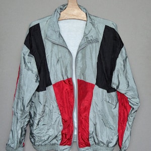 Vintage 80s Sports jacket Windbreaker hipster oversized unisex Jacket Gray Red Hip Hop Style Bomber Jacket Tracker Jacket extra large