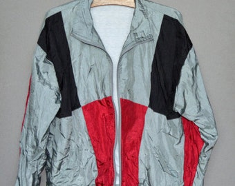 Vintage 80s Sports jacket Windbreaker hipster oversized unisex Jacket Gray Red Hip Hop Style Bomber Jacket Tracker Jacket extra large