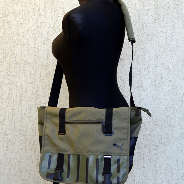 Vintage Puma Shoulder Bag Black Olive Green Training sports bag Crossbody Messenger Bag Hipster Bag