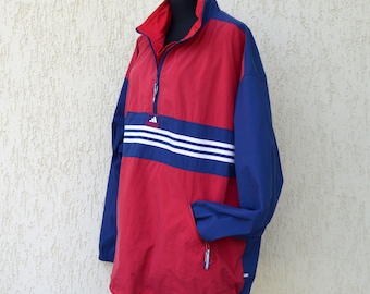 Vintage 80s Adidas Windbreaker Jacket Blue Red Mens Streetwear XL oldschool sweatshirt Tracksuit Oversize Hip Hop Jacket Extra Large Size