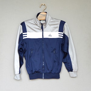 Vintage Adidas Youth Windbreaker Blue Gray 3 Stripes Light Weight Adidas Zip Up Jacket Old Sport Tracksuit Zipper Jumper Size 10 Years