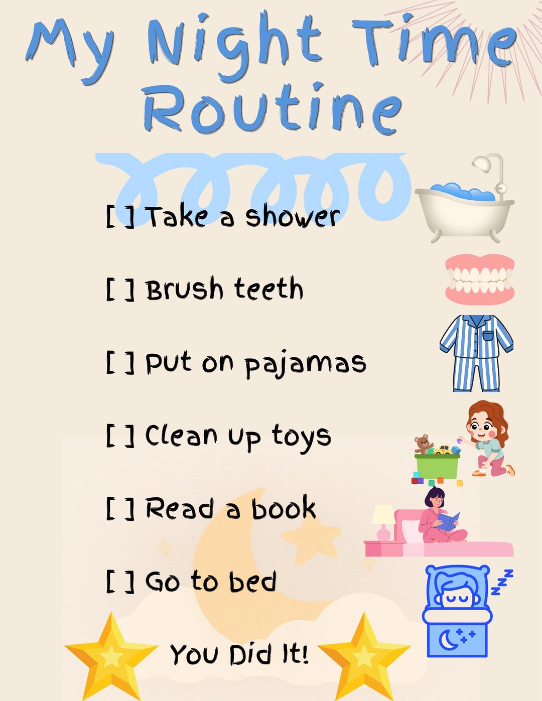 Kids Night Routine Chart Printable, Bedtime Checklist for Kids, Toddler ...