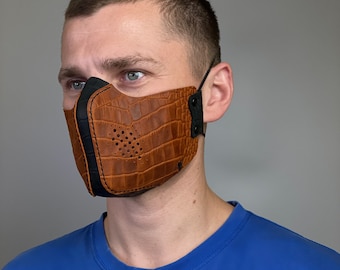 Leder Gesichtsmaske Handmade Designer Fashion Gesichtsmaske für Erwachsene Futuristische Leder Mundbedeckung Gesichtsmaske in Form von Krokodilleder