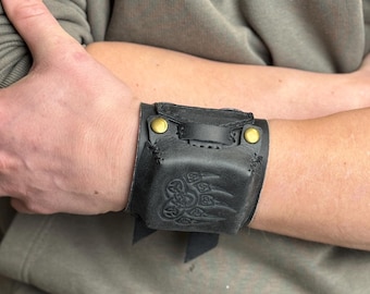 Leather Cuff Watch Strap with Personalized Flap, Black Wide Handmade Watch Band for Apple, Samsung, Google, Garmin and Classic Watches