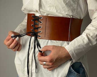 Leather Wide Belt, Corset Belt, Womens Belt, Western Belt, Rustic Style, Underbust Corset, Plus Size, Genuine Leather, Brown Belt Waist