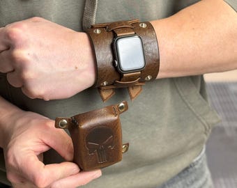 Leather Cuff Watch Strap with Personalized Flap, Brown Wide Handmade Watch Band for Apple, Samsung, Google, Garmin and Classic Watches