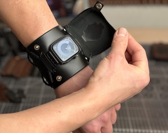 Leather Cuff Watch Strap with Personalized Flap, Black Wide Handmade Watch Band for Apple, Samsung, Google, Garmin and Classic Watches