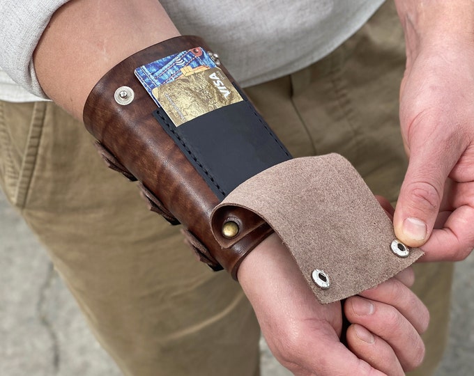 Personalized Leather Wrist Wallet, Leather Bracelet with Card Holder and Custom Engravings and RFID protection