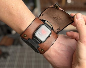 Leather Cuff Watch Strap with Personalized Flap, Black Wide Handmade Watch Band for Apple, Samsung, Google, Garmin and Classic Watches