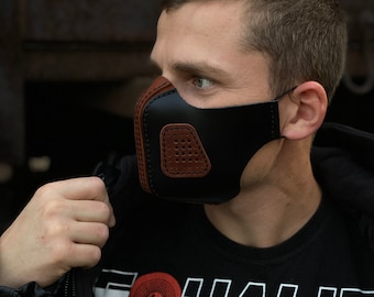Leder Gesichtsmaske mit Filtertaschen Handmade Designer Fashion Gesichtsmaske für Erwachsene Futuristische Staubmaske Leder Mundbedeckung Gesichtsmaske