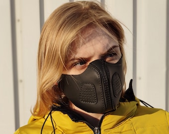 Leder Gesichtsabdeckung mit Filtertaschen, Mundmaske, Mundbedeckung, Gesichtsmasken, Taschenmaskenbezug, Gesichtsmaske medizinisch, futuristische Staubmaske