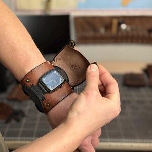 Leather Cuff Watch Strap with Personalized Flap, Black Wide Handmade Watch Band for Apple, Samsung, Google, Garmin and Classic Watches image 7