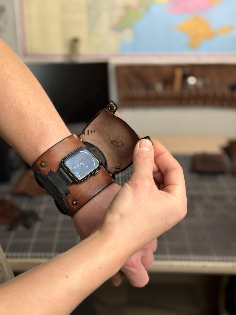 Leather Cuff Watch Strap with Personalized Flap, Black Wide Handmade Watch Band for Apple, Samsung, Google, Garmin and Classic Watches image 7