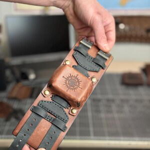 Leather Cuff Watch Strap with Personalized Flap, Black Wide Handmade Watch Band for Apple, Samsung, Google, Garmin and Classic Watches image 13