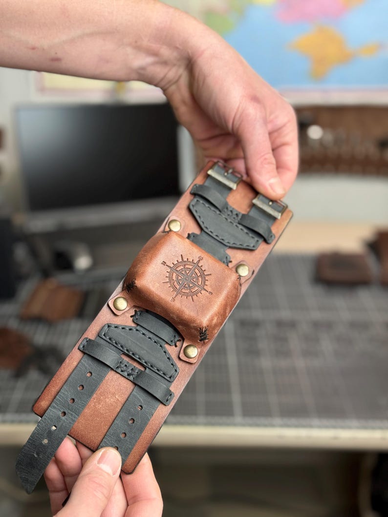 Leather Cuff Watch Strap with Personalized Flap, Black Wide Handmade Watch Band for Apple, Samsung, Google, Garmin and Classic Watches image 13
