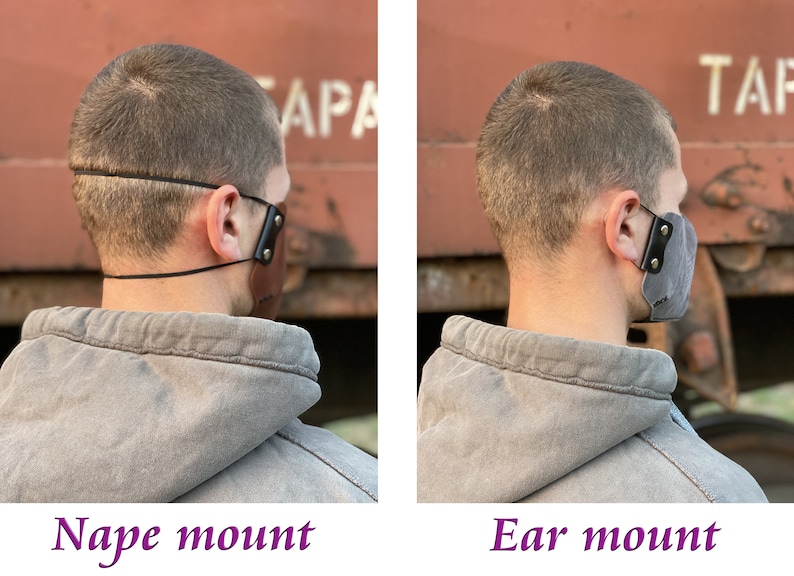 May include: Two images showing two different ways to wear a leather face mask. The first image shows the mask worn with a strap that goes around the back of the head. The second image shows the mask worn with straps that go over the ears. Both images show the mask worn by a person with short brown hair.