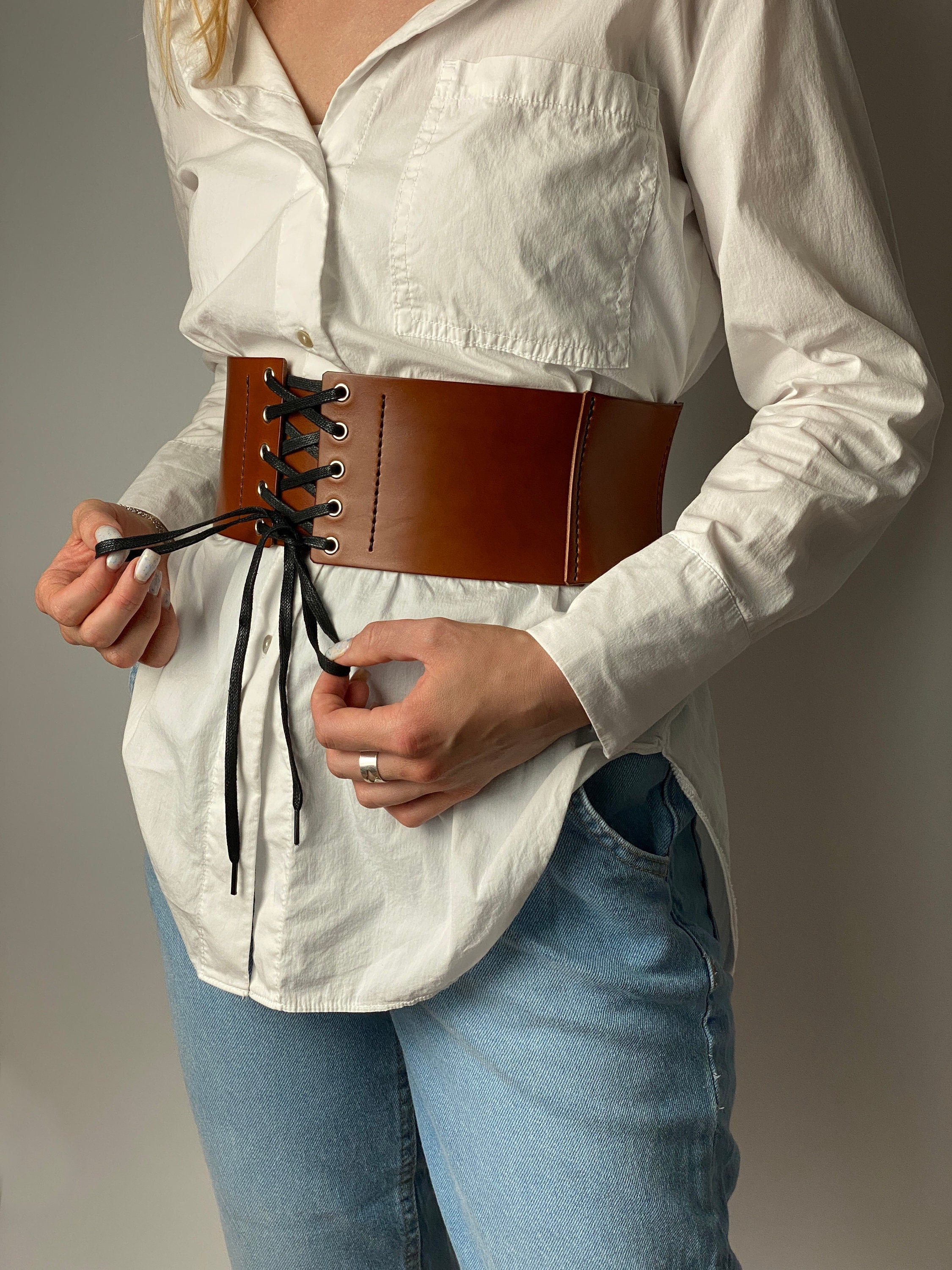 Leather Corset Belt Wide Waist Belt Womens Western Belt Rustic Underbust  Corset Plus Size Available Genuine Leather Brown Belt 