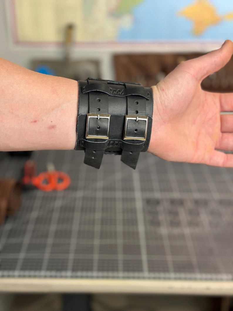 Black Leather Cuff Watch Strap, Wide Handmade Watch Band, Compatible With Apple, Samsung, Google, Garmin and Classic Watches image 6