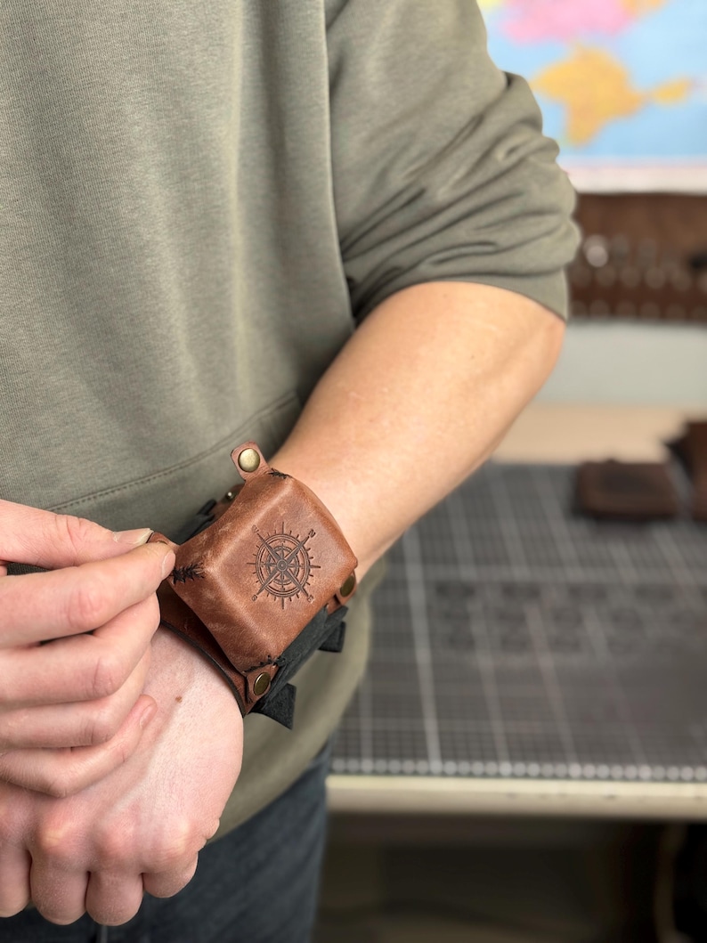 Leather Cuff Watch Strap with Personalized Flap, Black Wide Handmade Watch Band for Apple, Samsung, Google, Garmin and Classic Watches image 6