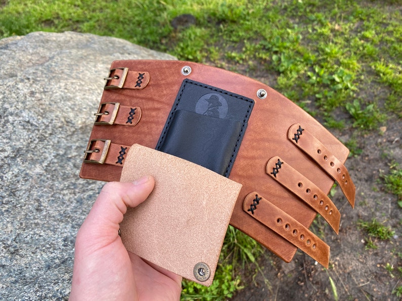 Personalized Leather Wrist Wallet, Leather Bracelet with Card Holder and Custom Engravings, Distressed Vintage Bracelet Steampunk-inspired image 9