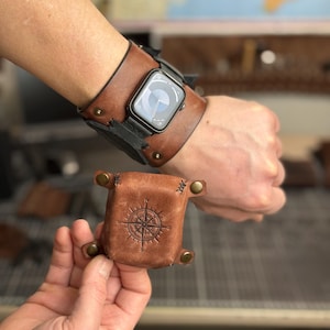 Leather Cuff Watch Strap with Personalized Flap, Black Wide Handmade Watch Band for Apple, Samsung, Google, Garmin and Classic Watches image 2