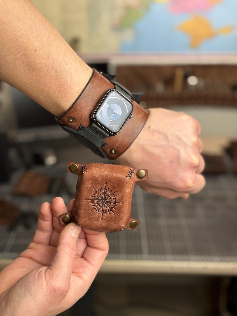 Leather Cuff Watch Strap with Personalized Flap, Black Wide Handmade Watch Band for Apple, Samsung, Google, Garmin and Classic Watches image 2