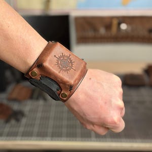 Leather Cuff Watch Strap with Personalized Flap, Black Wide Handmade Watch Band for Apple, Samsung, Google, Garmin and Classic Watches image 5