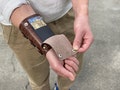 Personalized Leather Wrist Wallet, Leather Bracelet with Card Holder and Custom Engravings and RFID protection product logo