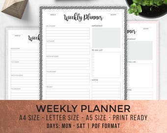 Weekly Planner, Blank Printables & Inserts, A5 Size, A4 Size, Letter Size, PDF Document, 04 Styles Included