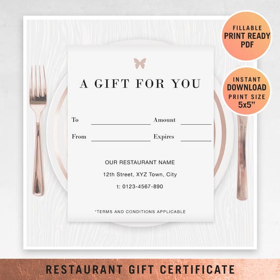 Restaurant Fillable Gift Certificate Template A Gift For You Etsy