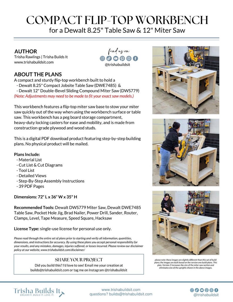 Compact Fliptop Workbench Plans 8.25 Table Saw/12 Miter Saw (Instant