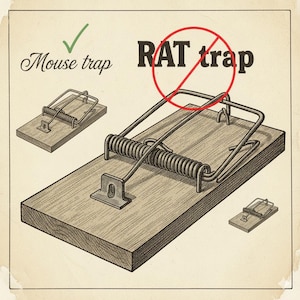 May include: An illustration of a wooden mouse trap with a metal spring mechanism. The text "Mouse trap" is present with a checkmark, while "RAT trap" is crossed out with a red circle. Additional smaller traps are shown.