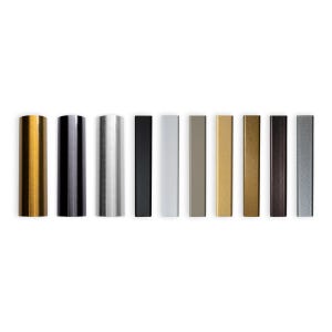 May include: A collection of ten rectangular metal bars arranged in a row, featuring a variety of finishes including polished gold, matte black, brushed silver, dark bronze, light gray, and textured metallic tones in various shades of brown and gray.