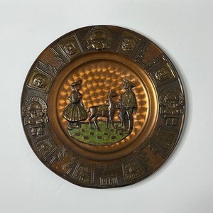 Vtg Peru Souvenir Plate / Copper and Brass / Incan God / Inca / Llama / vintage Peruvian decorative plate / copper decor / vintage wall art