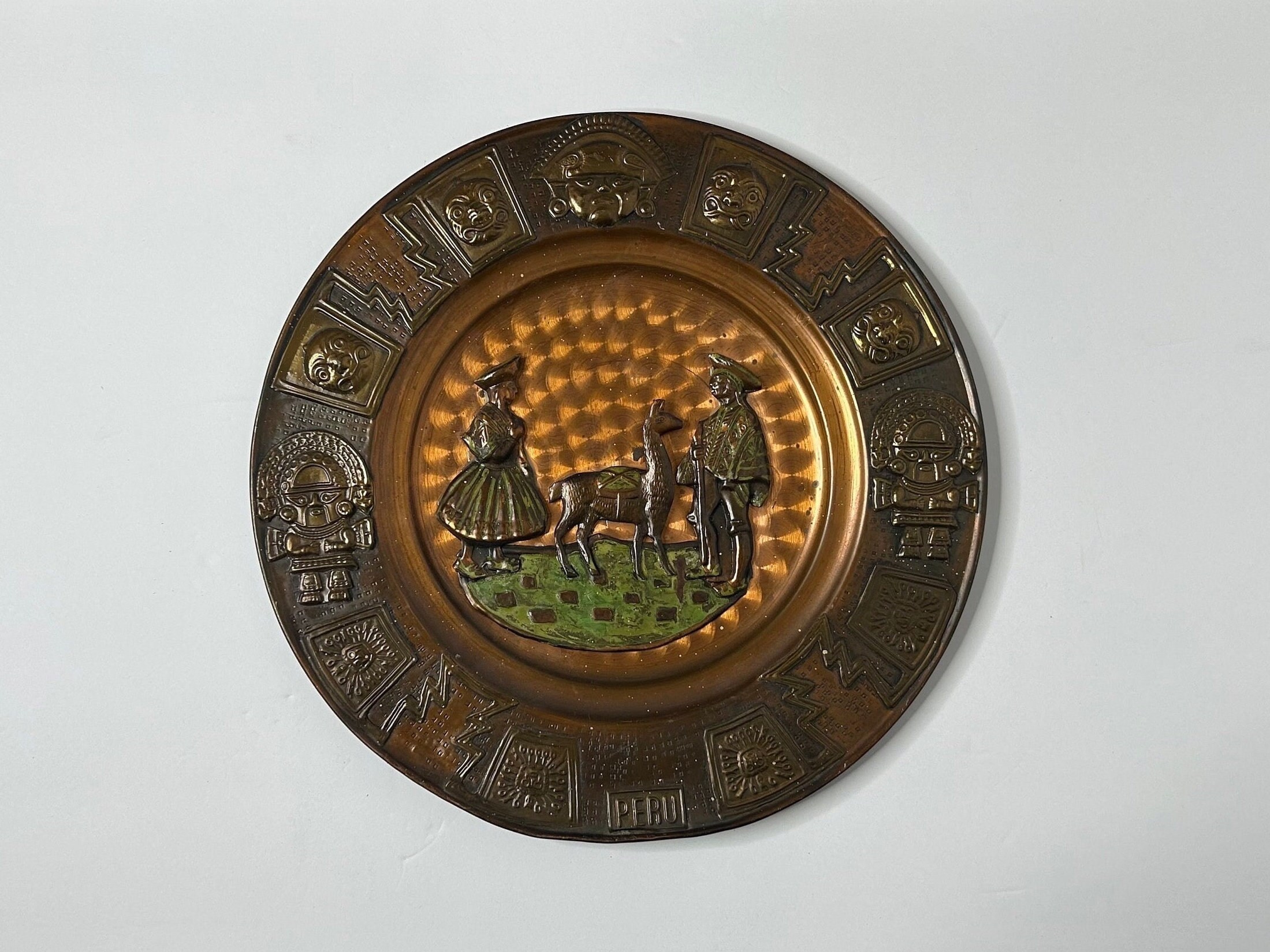 ヴィンテージ ペルー お土産プレート / 銅と真鍮 / インカの神