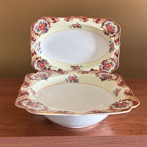 Antique Crown Ducal Ware Bowl & Saucer Plate / Antique serveware / vintage dining/ cream and burgundy scalloped edge