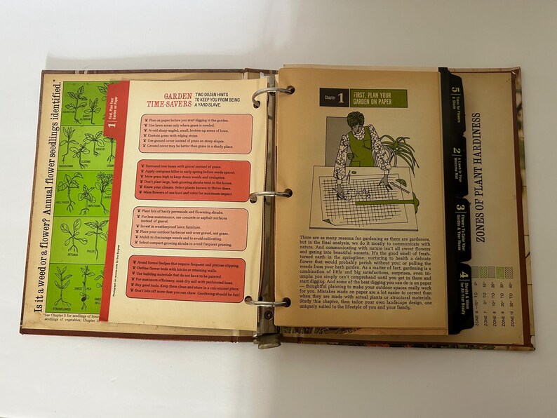 May include: Open vintage gardening book with colorful illustrations and text. The book is open to a page with a diagram and the text "First, Plan Your Garden on Paper." The book is bound with metal rings.