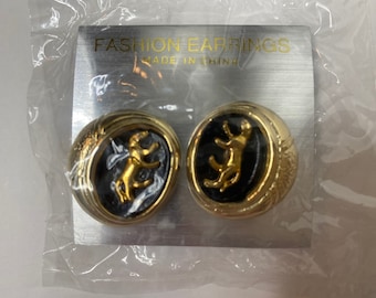 Vintage NWT Jaguar / Panther clip on earrings / black and gold toned / vtg costume jewelry / clip-ons