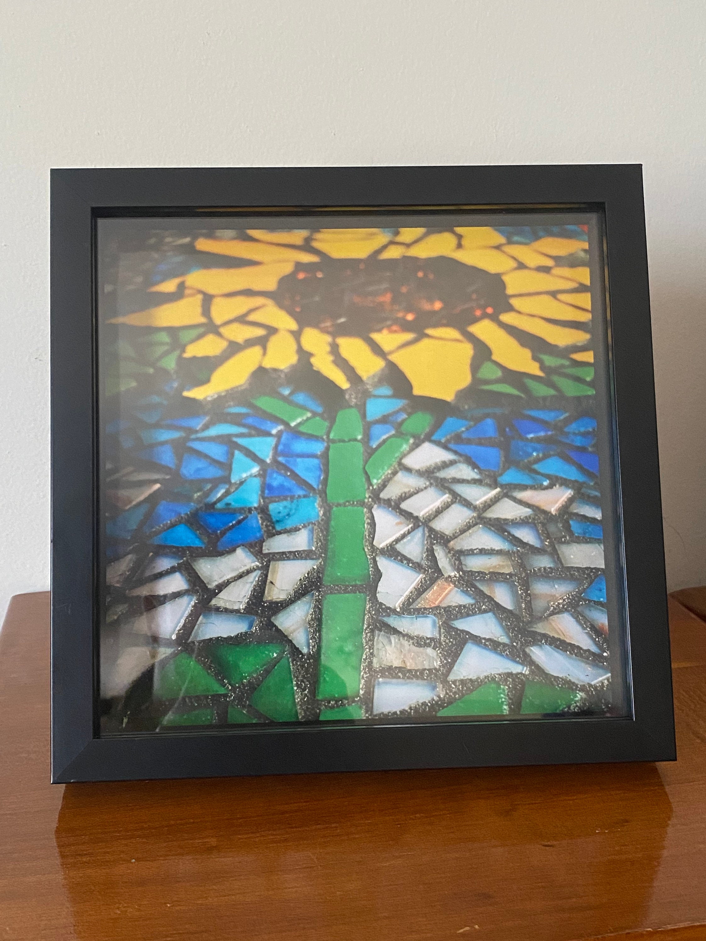 Print of sunflower mosaic in shadow box