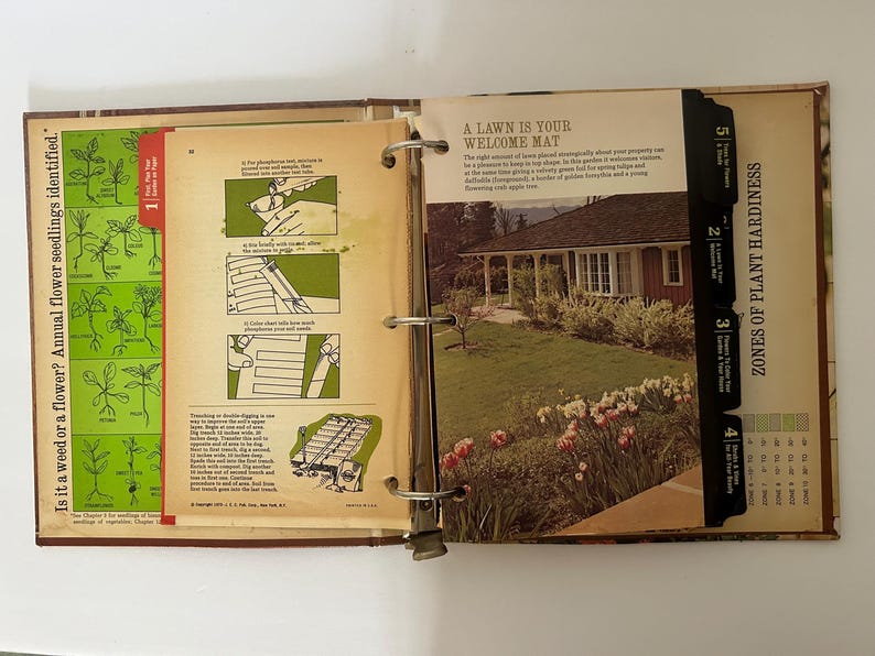 May include: Open vintage gardening book with illustrations and text. The left page shows plant identification, while the right page features a house with a lawn and the text "A Lawn Is Your Welcome Mat."