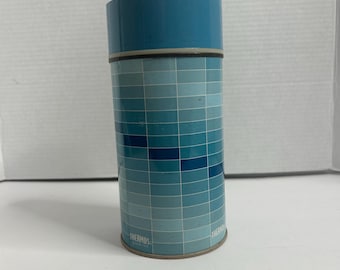Vtg 70s 10oz Insulated Thermos / King Seeley Checkered Blue Ombre Grid Pattern / Vintage 1970s / Travel / Camping / MCM