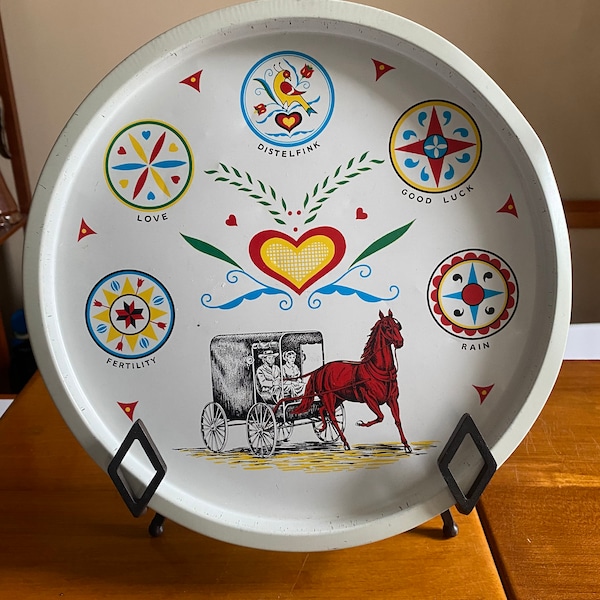 Pennsylvania Dutch round metal tin folk art distelfink serving tray