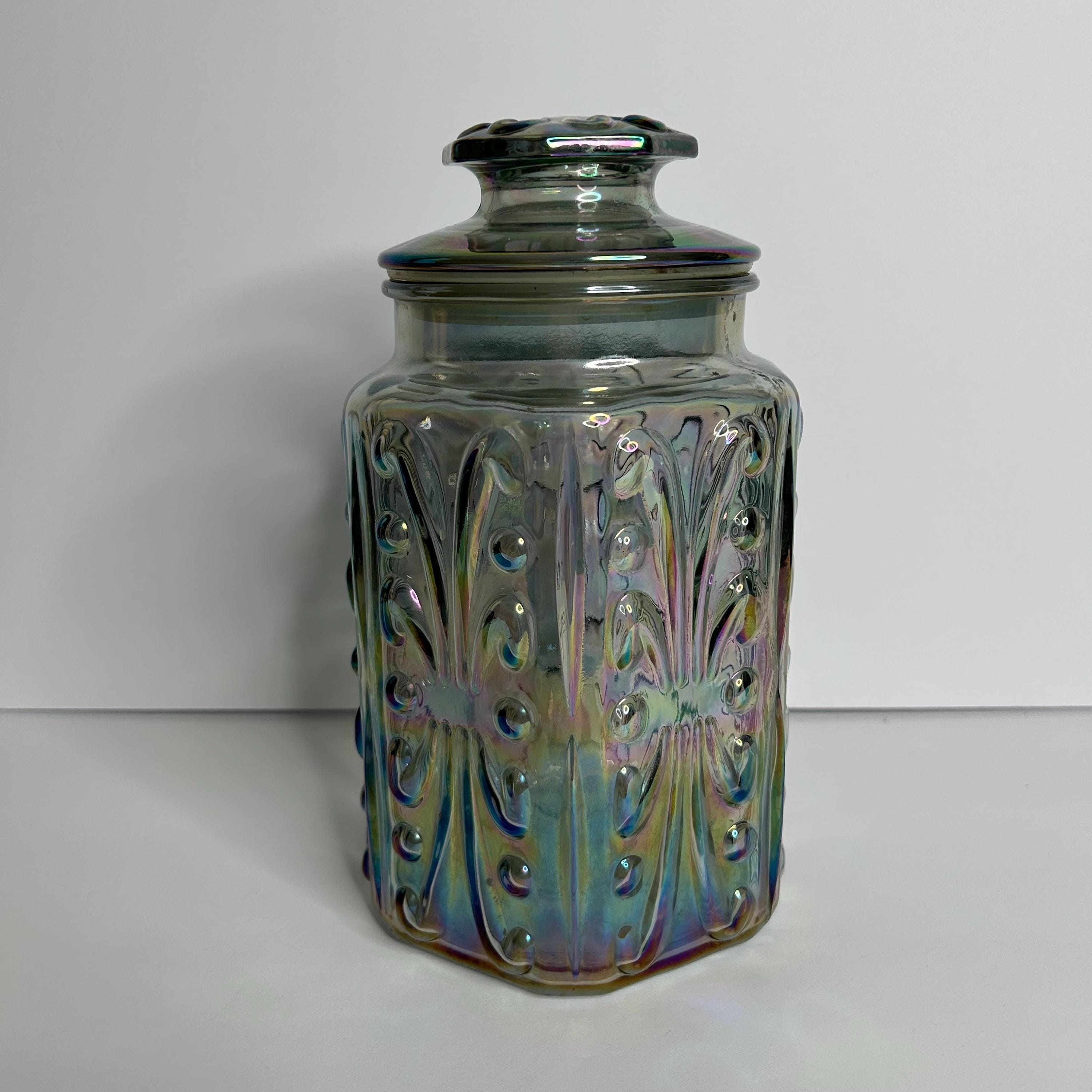Vtg L.E. Smith Iridescent Glass Canister Atterbury Scroll Pattern On 9” Carnival Glass Jar / vintage housewares / storage
