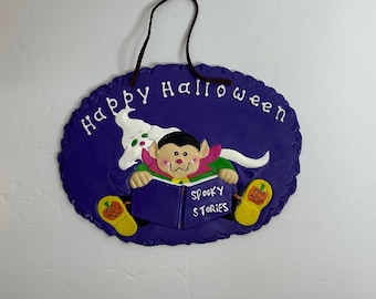 Vintage Happy Halloween Wall Plaque / Door Hanger / Trick or Treat / welcome sign / Dracula / Spooky Stories / Ghost / vtg Halloween decor