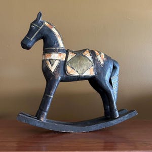 Vintage Wood Carved Rocking Horse With Stone Inlay / Wooden Horse Figure Figurine Sculpture / Boho Meets Folk Art Decor